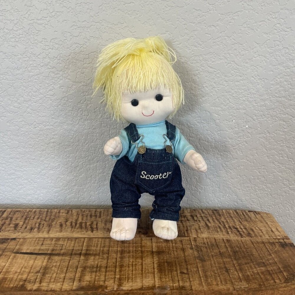 1982 Enesco Country Cousins 12" Scooter Cloth Rag Doll Denim Overalls Girl